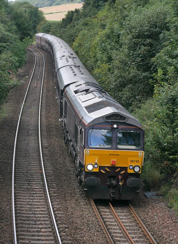 Aberdour 66743: GBRf 66743 drops down towards Aberdour with the Royal Scotsman from Edinburgh to Keith on 21 August. Photo of Aberdour 66743