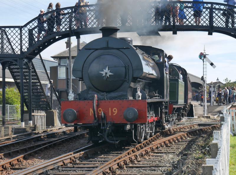 Gala 13.15 departure: NCB No.19 and LHJC No.29 leave Bo'ness with the 13.15 to Birkhill. Photo of Gala 13.15 departure