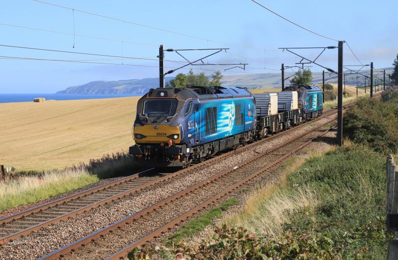 6M50: 68034 leading topn tail 68003 on 6M50 14.52 Torness P Stn. to Carlisle Kingmoor at MP 35 near Torness P Stn after reversal on 05/09/2023 Photo of 6M50