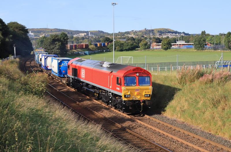 4E96: 66168 on 4E96 09.00 Mossend Euroterminal to South Bank Tees Dock BSC Export Terminal passing Peffermill Playing Fields on 12/09/2023 66112 Dit on the rear Photo of 4E96