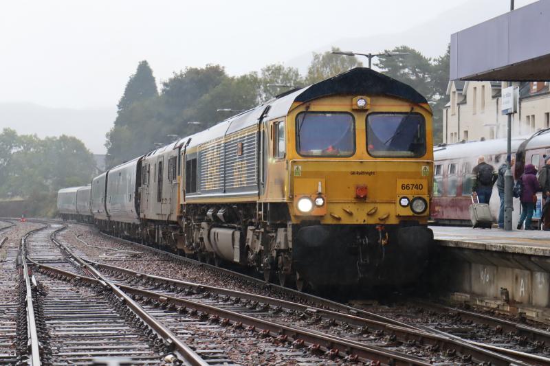 GBRf 66740 + 73968 Arriving into Fort William: Arriving into Fort William this morning with Sleeper from Edinburgh/London. In background is the morning Jacobite service loading up. Photo of GBRf 66740 + 73968 Arriving into Fort William