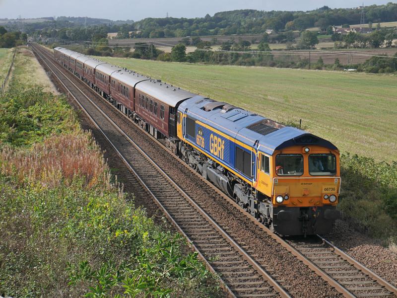 GBRf Scotsman: GBRf-liveried 66736 climbs away from Inverkeithing East Junction with the 'Royal Scotsman' to Boat of Garten on 29 September. Photo of GBRf Scotsman