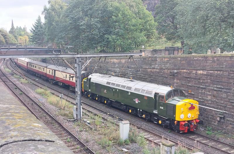 LSL to Arisaig: 40013, as D213, working 09.28 Alnmouth to Arisaig as far as Mossend' In Princes Street Gardens (37521 running as D6817 on rear). 29.09.2023 Photo of LSL to Arisaig