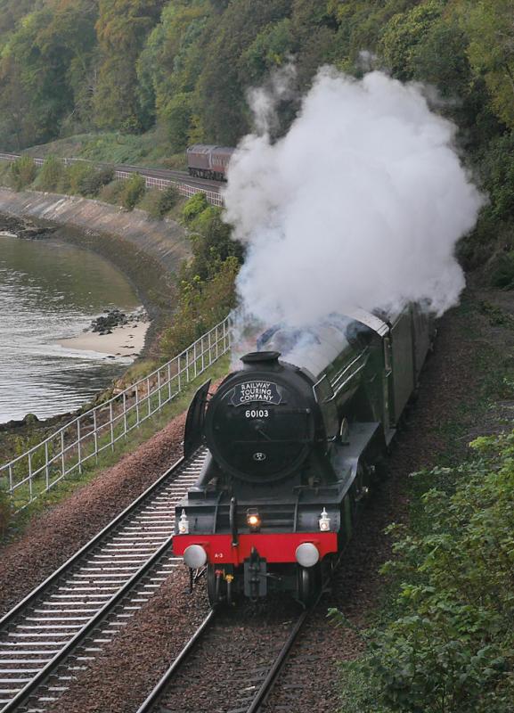 Fife coast Flyer: 60103 Flying Scotsman nears Carron Harbour, between Aberdour and Burntisland, with the ‘Aberdeen Flyer’ on 10 October. Photo of Fife coast Flyer