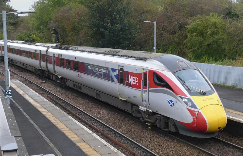 Inverkeithing Azuma: LNER Azuma 800104, with 'Celebrating Scotland' branding, arrives at Inverkeithing with the 09.52 from Aberdeen to Kings Cross. Photo of Inverkeithing Azuma
