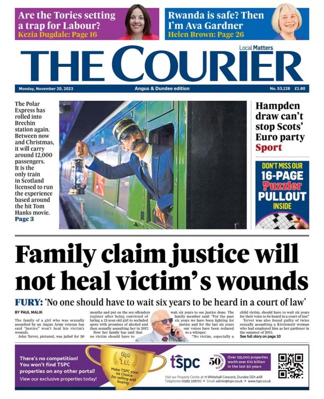 Polar Express: The front page of the Angus edition of the Courier promoting the Polar Express at Brechin.....with a photo from Swanage. Photo of Polar Express