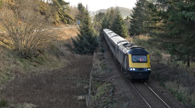 43003-031 SLEDBRIG 19.12.23 (1).jpg: 43003-031 ON THE 13.41 ABDN-IS SEEN AT SLEDBRIG AS IT DESCENDS FROM LEITH HALL TOWARDS GARTLY WITH THE 13.41 ABERDEEN -INVERNESS ON 19.12.23 Photo of 43003-031 SLEDBRIG 19.12.23 (1).jpg