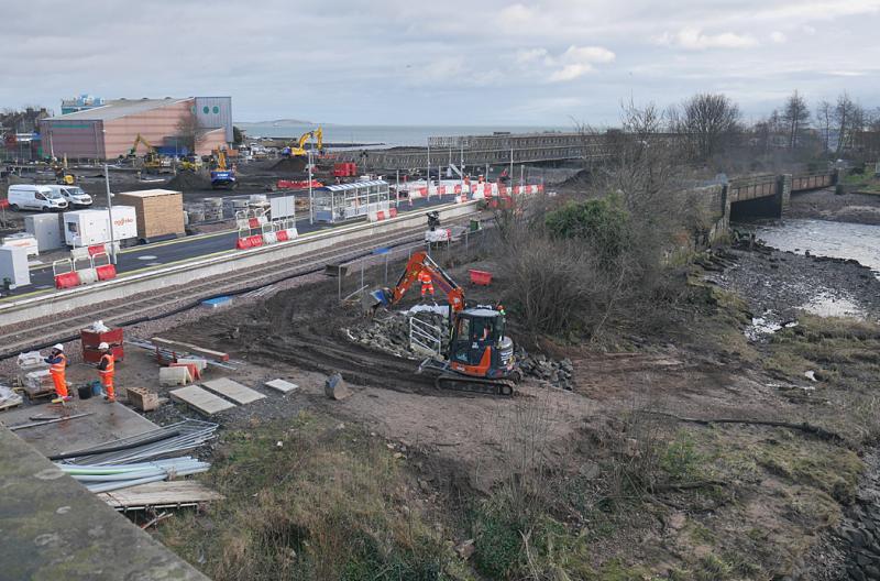 Leven platform end: The seaward end of the platform at Leven with shelter installed. The bridge on the right carried tracks to Methil Power Station and the docks. 20 December. Photo of Leven platform end