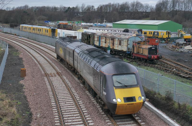 Kirkland HST: Colas 43321 and 43285 pass the Fife Heritage Railway compound with a route learner from Slateford. Photo of Kirkland HST