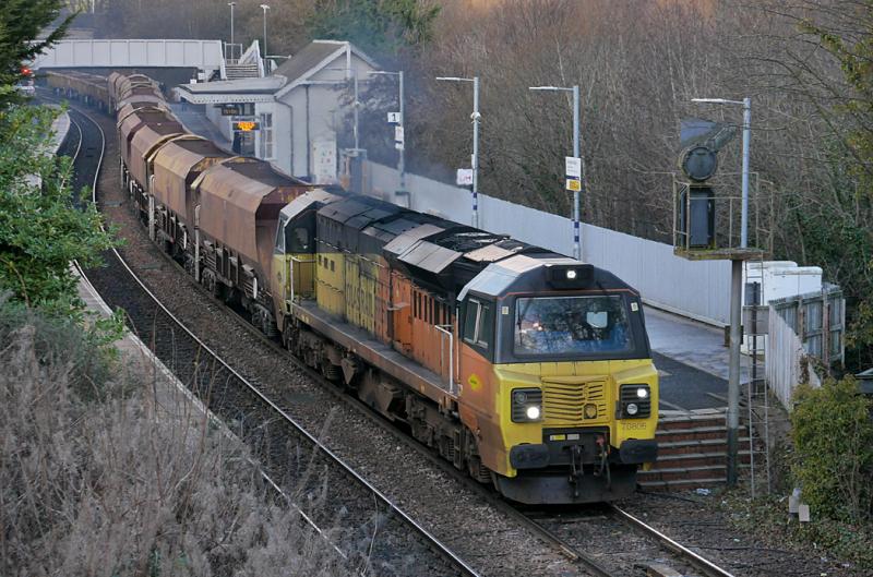 Inverkeithing 70: Colas 70806 draws 6K10 from Cowdenbeath to Millerhill through Inverkeithing on 14 January. Photo of Inverkeithing 70