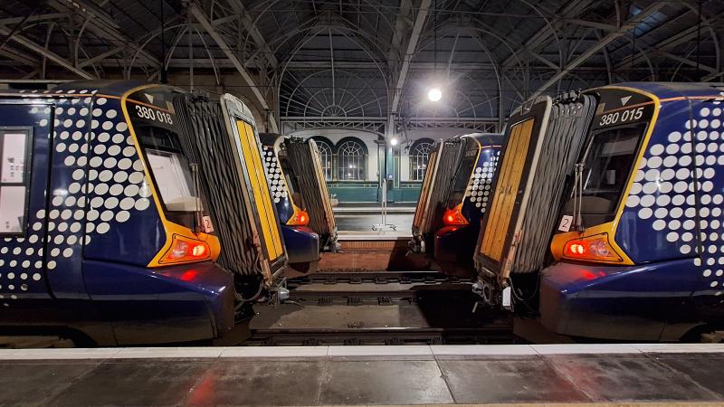 380s at Central: Four Class 380s sit at Glasgow Central station on the evening of 12th January, 2024. Photo of 380s at Central