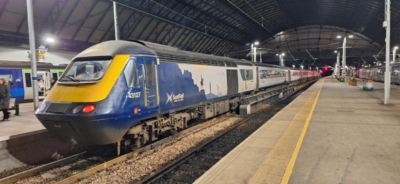 Queen Street HST: 43127 awaits its next duty after arriving at Glasgow Queen Street on a service from Inverness.
Saturday 13th January, 2024. Photo of Queen Street HST