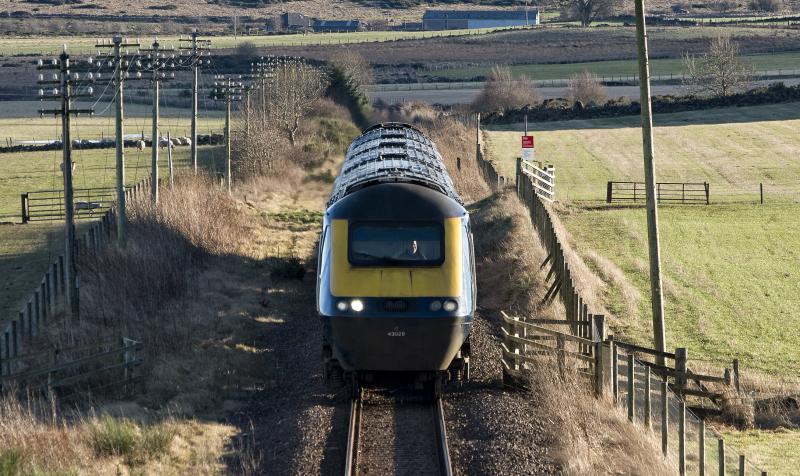 43028-149 CAIRNIE 2.2.24 (1).jpg: APPROACHING THE SITE OF THE LONG LOST CAIRNIE JUNCTION.
THE TELEGRAPH POLES APPEAR OUT OF USE SO MAYBE NOT MUCH LONGER BEFORE THEY ARE CUT DOWN. Photo of 43028-149 CAIRNIE 2.2.24 (1).jpg