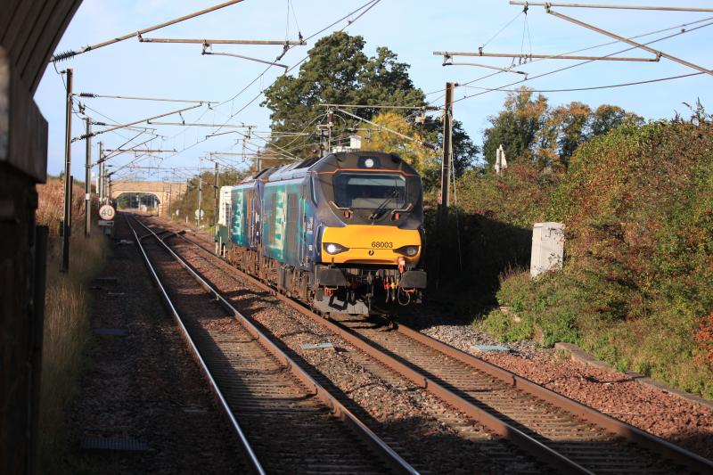 Flask at Drem: 68003 and 88002 on 6S43 Kingmoor sidings to Torness power stn. 11 October 2023 Photo of Flask at Drem