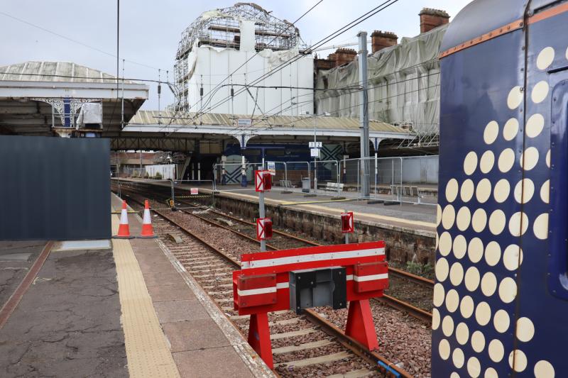 Ayr Station - Hotel Demolition (2): Taken today (5/3/24) looking southward from the operational platform area with tail end of 156150 in shot awaiting departure. Photo of Ayr Station - Hotel Demolition (2)
