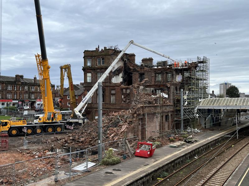 Ayr Station - Hotel Demolition Progress (3): Pic taken today (18/3/24) of the hotel. Clear progress since last pic on 5/3/24. A lot of scaffolding on the station side has gone. Photo of Ayr Station - Hotel Demolition Progress (3)