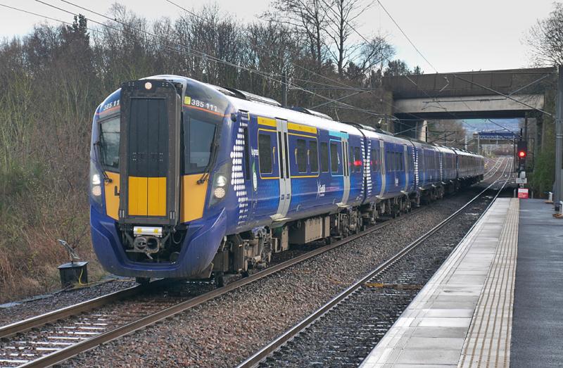 Newcraighall 385: 385 111 passes Newcraighall station on its way from Millerhill EMU depot to Waverley. 27 March Photo of Newcraighall 385