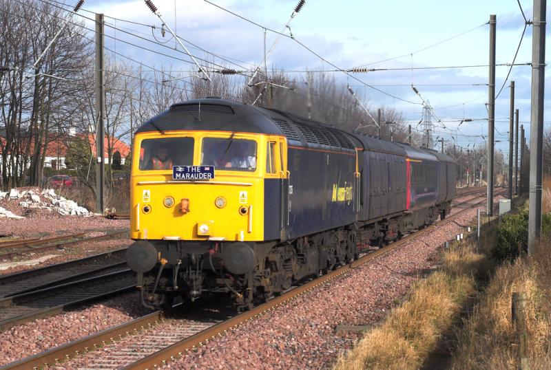The Marauder approaching Prestonpans station with 47375: 5Z43 Derby - Kilmarnock with 47375 a Mk3 restaurant car and 2 barrier coaches. 22 February 2009. Photo of The Marauder approaching Prestonpans station with 47375