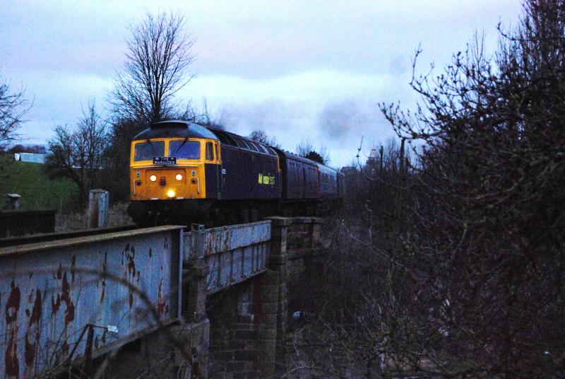 47375 On G&SW: In failing light. 47375 Crosses over the Barrhead Road Bridge Between Pollokshaws West Station & Busby Junction, on The G&SW, on its way to Kilmarnock with a Coaching Stock move no Sunday 22nd Feb. Photo of 47375 On G&SW