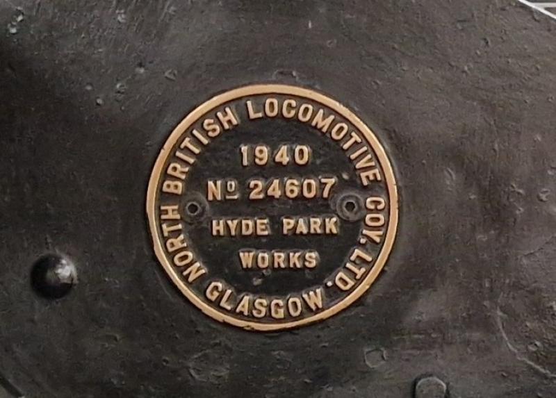 NBL builders plate on Loco 48773: Stanier class 8F 48773, originally WD 307. North British Locomotive Coy. Ltd, Glasgow. 1940 Hyde Park Works. No.24607. Photo of NBL builders plate on Loco 48773