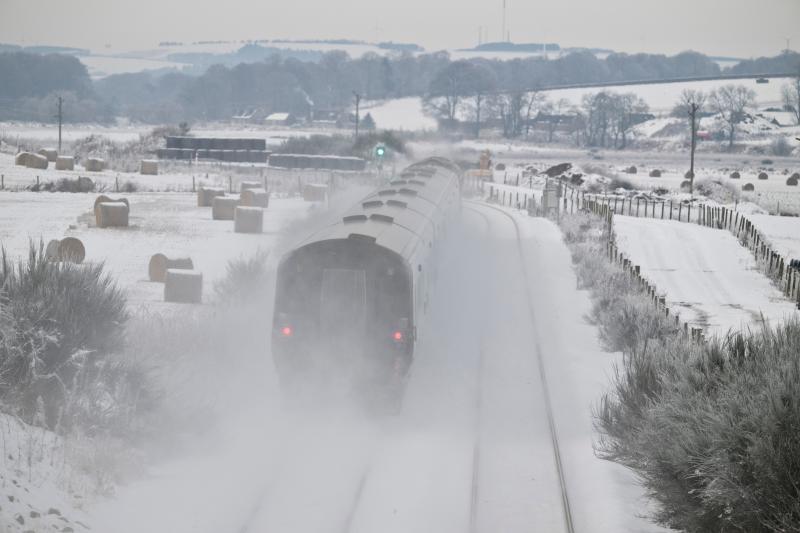 66310-73968 ECS SLEEPER KINTORE 5.1.25 (1).jpg: IN MINUS 5C AT 2.40 IN THE AFTERNOON 66310 LEADS 73968 PAST KINTORE EN ROUTE TO INVERNESS.REMEMBER TO PACK THE FLEECE LINED JIM JAMS NEXT TRIP. Photo of 66310-73968 ECS SLEEPER KINTORE 5.1.25 (1).jpg