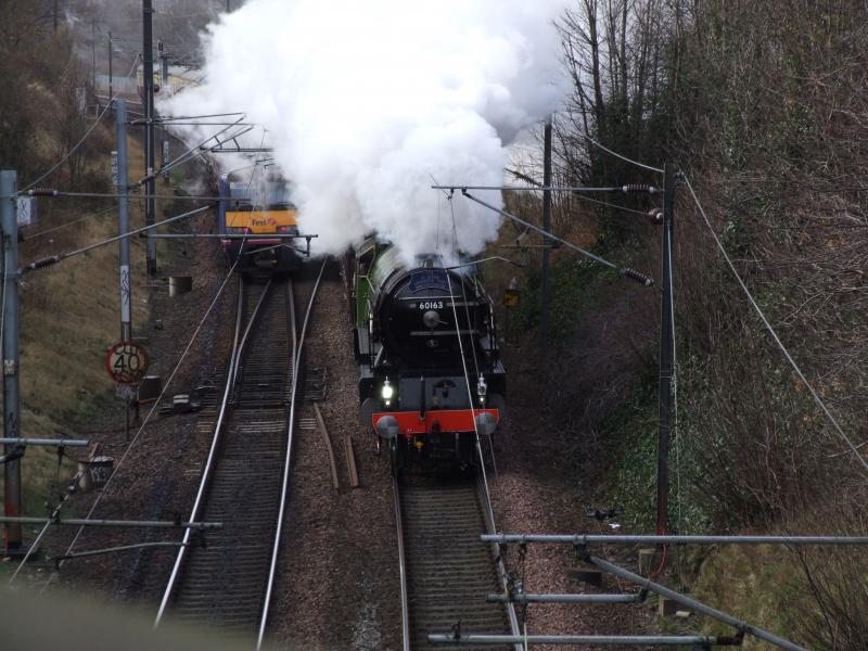 tornado passes craigentinny southbound 7 3 09: not the best of pics im afraid because of the cantenary & a scotrail unit but however she still looks lovely !!! the unit just had to pass at the wrong time !!! Photo of tornado passes craigentinny southbound 7 3 09