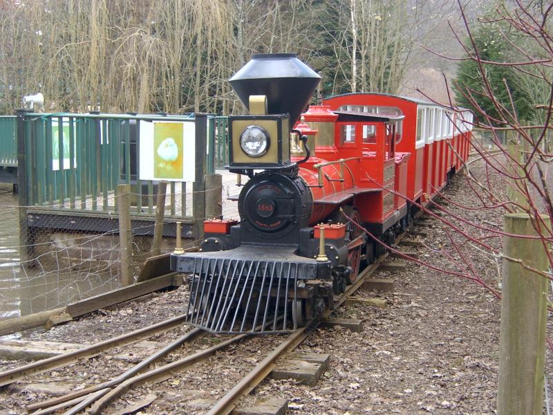 Crossford railway - the train: An American outline engine and carriages at the other station on the Crossford railway - this one is at the side of the main building, while the main station is to the front. Photo of Crossford railway - the train