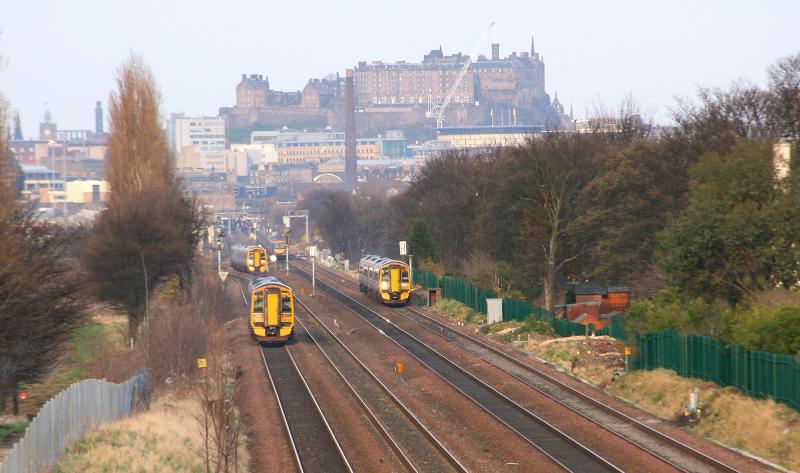 The Holy Grail?: Three Scotrail 158s and a 170 cross each other on the 4 tracks around Haymarket West Junction on 17.03.09. Photo of The Holy Grail?