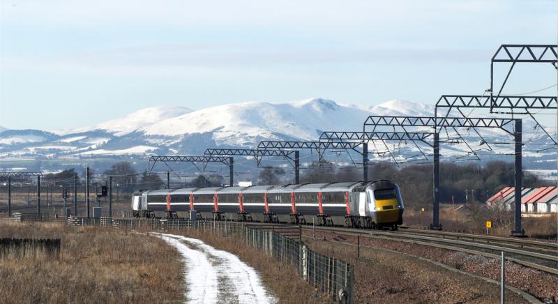 HST approaching Prestonpans: HST with snow covered Pentlands as a backdrop. 10 Feb 2009 Photo of HST approaching Prestonpans
