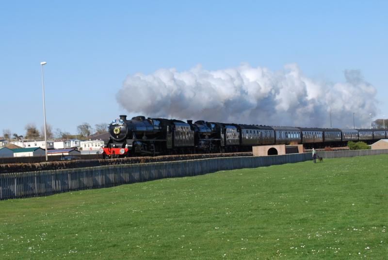The Great Britain '2' at Arbroath: 45407&45231 runs alongside 'Kerr's Miniature Railway'while leaving Arbroath with the Great Britain '2' Photo of The Great Britain '2' at Arbroath