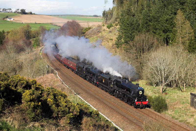 Approaching Carmont summit: 45231 and 45407 approach Carmont summit with the Great Britain II tour. 12 April 2009 Photo of Approaching Carmont summit