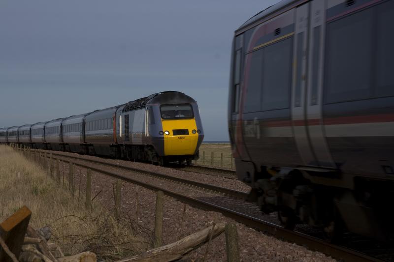 a lucky shot: almost bowled by the unit 43307 leads the 1449 Aberdeen-Kings Cross past Easthaven Photo of a lucky shot