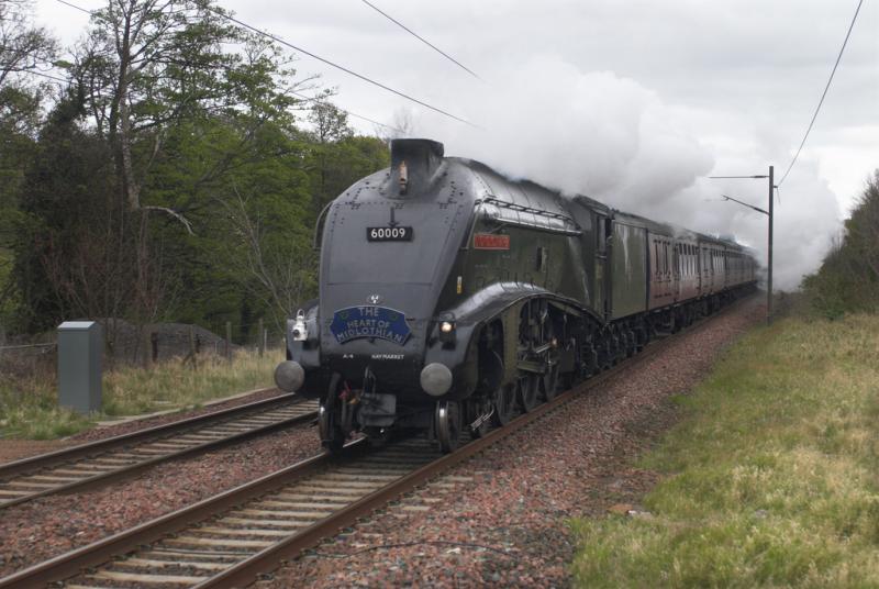 Coming Home: 60009 approaches Longniddry in gloomy weather, working a Huddersfield - Edinburgh charter. I believe No 9 then will continue to its home in Thornton. 18 April 2009 Photo of Coming Home