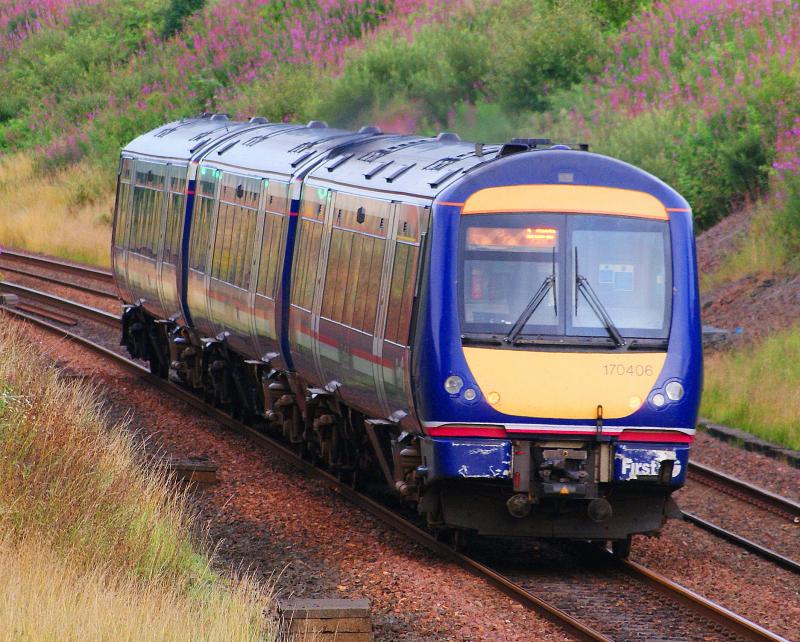Passing Banknock: Eastbound Turbostar trundling along the line just to the south of Banknock in North Lanarkshire. Photo of Passing Banknock