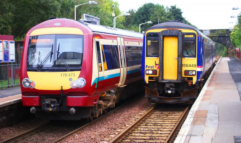 Cumbernauld: Class 170 & 156 meet at Cumbernauld Station in the South Carbrain area of the New Town. Photo of Cumbernauld