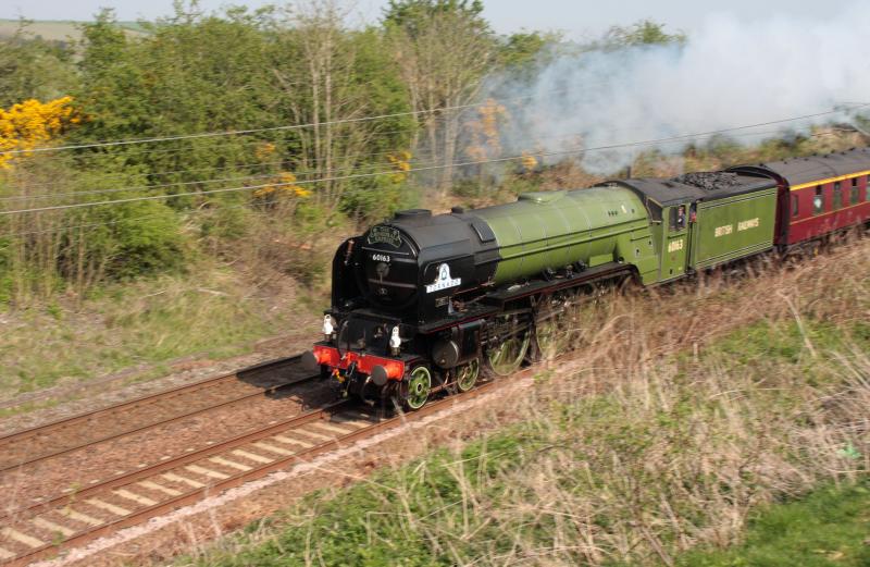 Tornado northbound at Reston: Sat 25th April, pretty well on time and accompanied by a helicopter undertaking filming. Photo of Tornado northbound at Reston