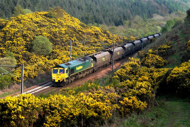 4Z32 at Penmanshiel: 66547 heads north at Penmanshiel with 4Z32 after running round at Grantshouse. This move is caused by the temporary lack of run round facilities at Cockenzie. Saturday, 25 April 2009 Photo of 4Z32 at Penmanshiel