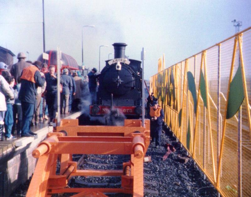 Forward Thinking: No 673 Maude stands in the present Bathgate Station on reopening day, note the destination headboard. Photo of Forward Thinking