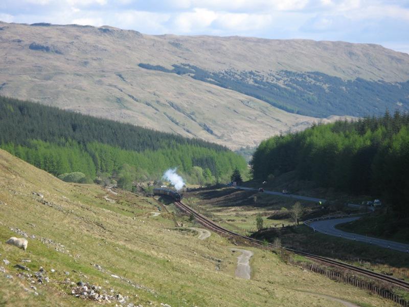 West Highland Steam: 45231 & 62005 take the Jacobite ECS 5Z62, Carnforth to Fort William, north of Tyndrum on the climb to County March Summit - 14th May 2009 Photo of West Highland Steam
