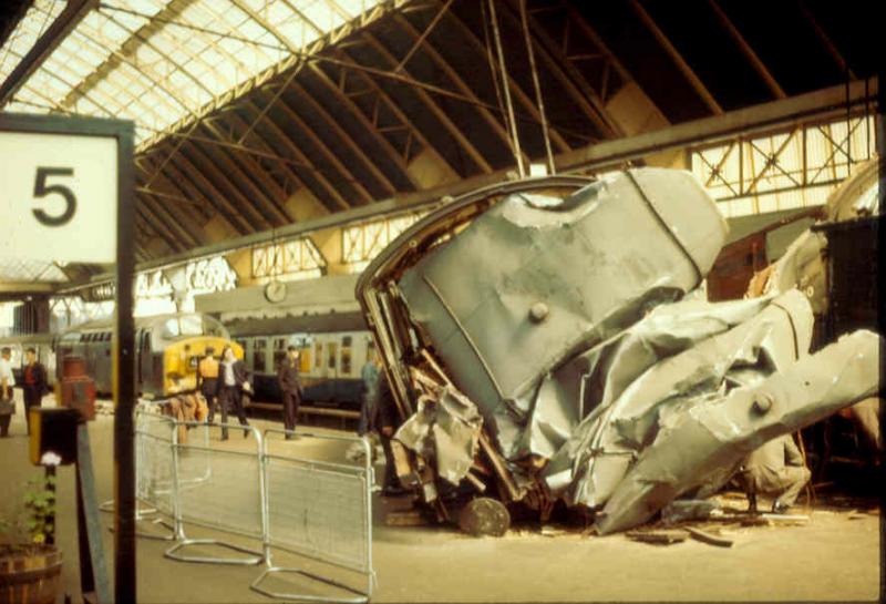 Bit of a mess...: The remains of a GUV after being struck by a Class 40 at Queen Street in the 1970s Photo of Bit of a mess...
