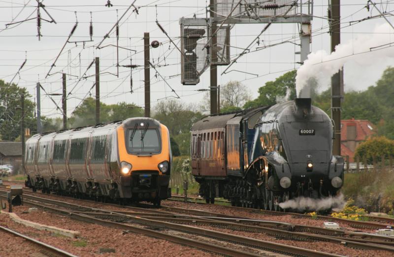 Uid Voyager passes 60007: 60007 on 5Z20 Dundee to York NRM.overtaken by an unidentified Voyager Photo of Uid Voyager passes 60007