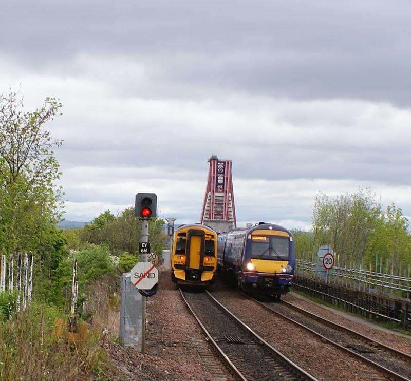 Dalmeny Meeting: First Scotrail Class 158 & 170 meet on the Dalmeny side of the iconic Forth Bridge. Photo of Dalmeny Meeting
