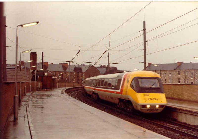 Famous visitor: APT passing Partick in 1985 on its way to Exhibition Centre to work a special to Euston. Photo of Famous visitor