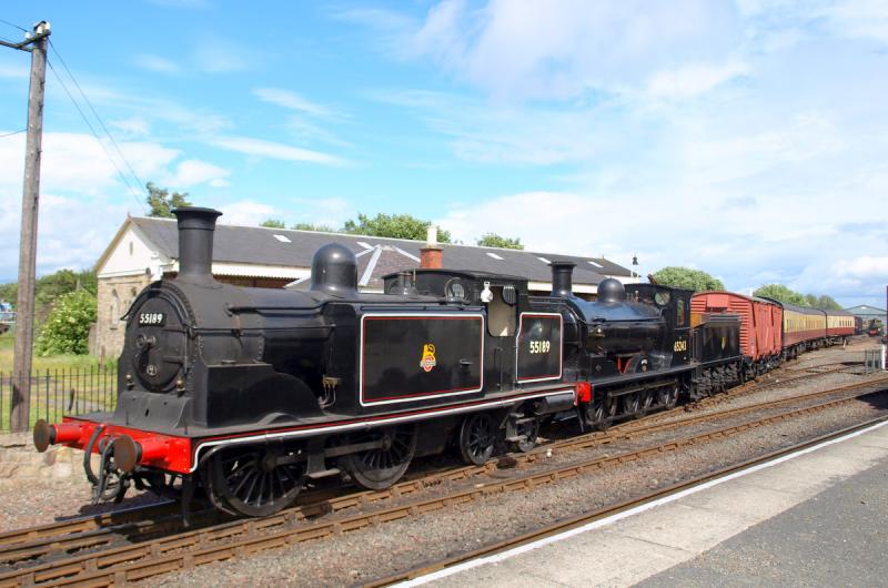 SRPS Photoshoot 19/06/09: 55189 CR 0-4-4T supposedly pilots 65243 Maude leaving the yard at Bo'ness with a lengthy train. Photo of SRPS Photoshoot 19/06/09