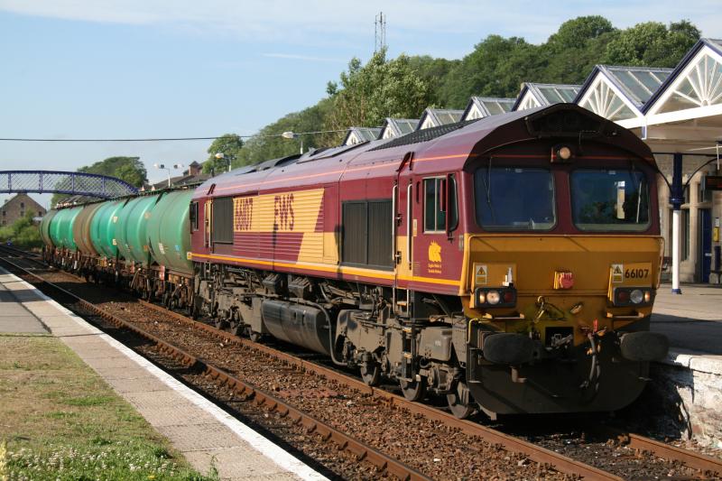 66107 Lairg Tanks: This morning in glorious sunshine at Dingwall. Photo of 66107 Lairg Tanks