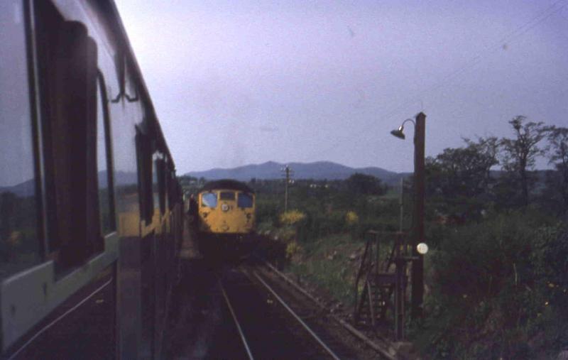 Can we have our loop back please ?: Apologies for the quality but this is a 1974 shot of an Inverness to Kyle, crossing a Wick to Inverness train at Lentran. Photo of Can we have our loop back please ?