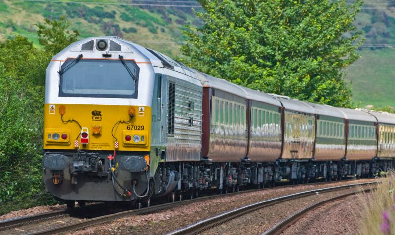 67029: 67029 on the rear of the ECS move to Aberdeen passes Forgandenny. 15/07/09 Photo of 67029