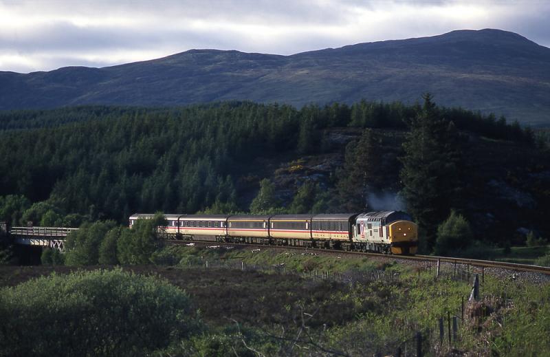 37 on sleeper: One from the archives. 37401 pulls away from Tulloch with the up sleeper on 23 June 1996. Photo of 37 on sleeper