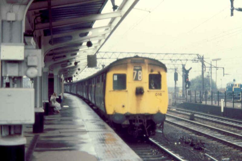 Stratford arrival: Unit 016 later class 306 at Stratford in October 1979 on a Shenfield line service from Liverpool Street. Photo of Stratford arrival