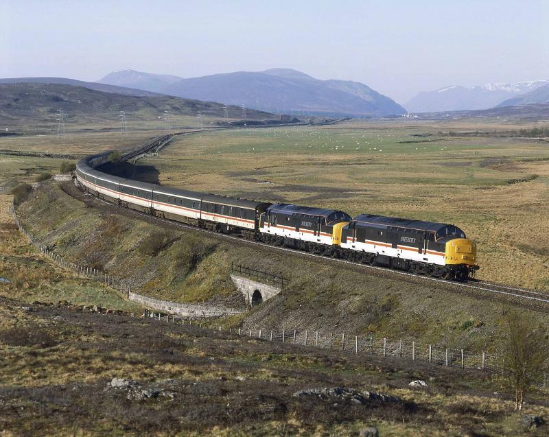 Highland Main Line at its best.: The first ever working of the pairs of 37/0's on the Euston-Inverness Sleepers .May 1992. Photo of Highland Main Line at its best.